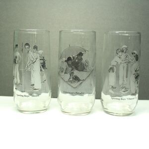 Set of 3 Norman Rockwell 6" SPORTING BOYS Glasses Fisherman Golf Baseball
